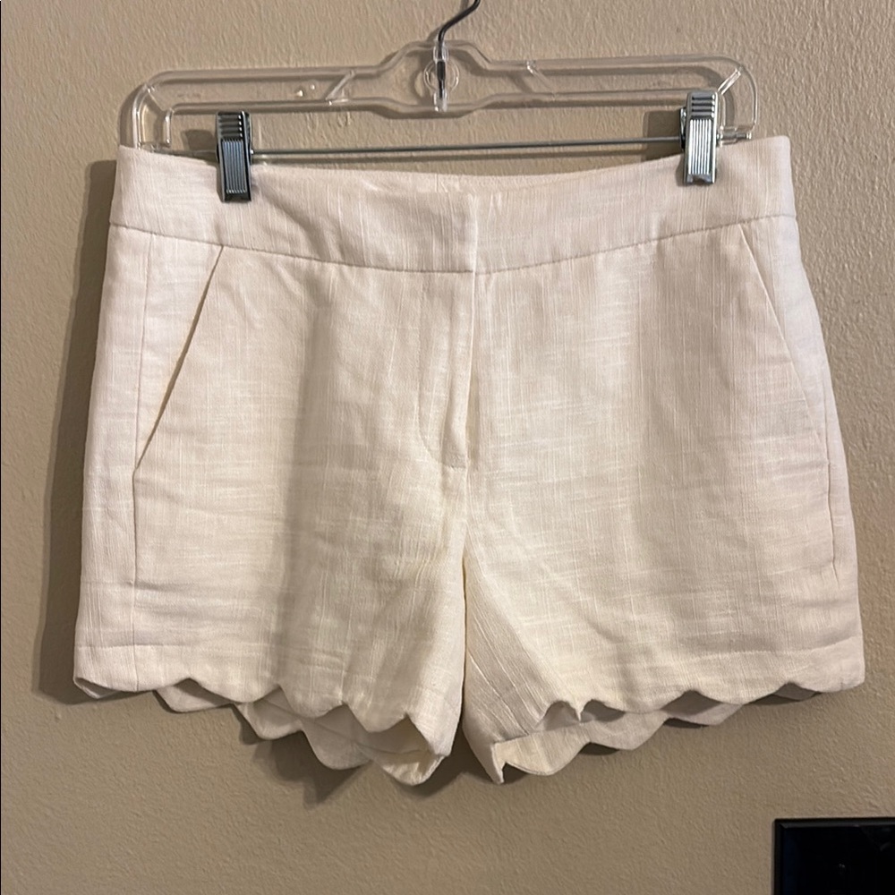 Cream Linen High Waist Scalloped Hem Shorts